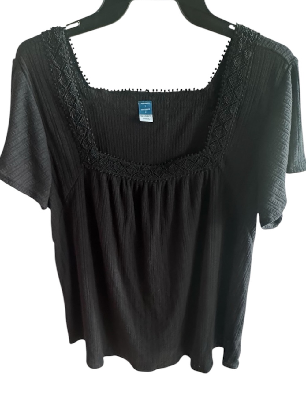 OLD NAVY Maternity Pointelle Knit Lace Trim Short Sleeve Top Black Size L